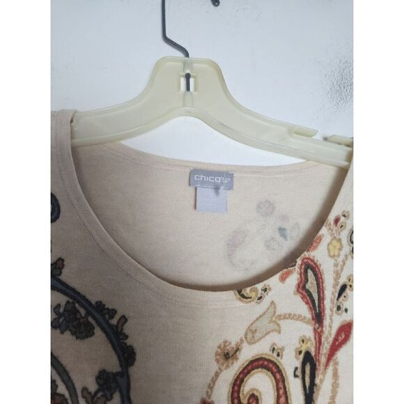 Chico's Cream Beige w/Brown Blue Red Tapestry Print Pullover Sweater size Large - Picture 5 of 8
